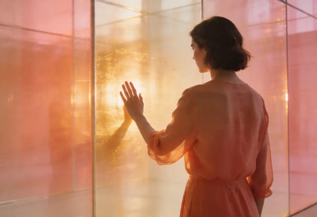 Mujer frente a un muro de cristal con luz dorada - Las 5 barreras invisibles